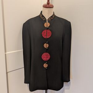 Vintage Chinese Mandarin Jacket Women Sz XL Black Embroidery Lined Zip Shanghai